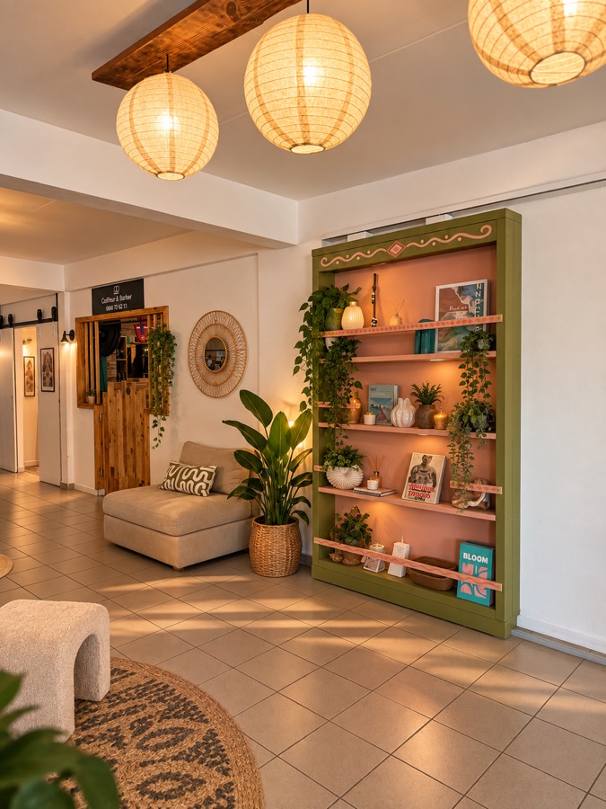 Le coin salon et son étagère verte, à l'entrée du club