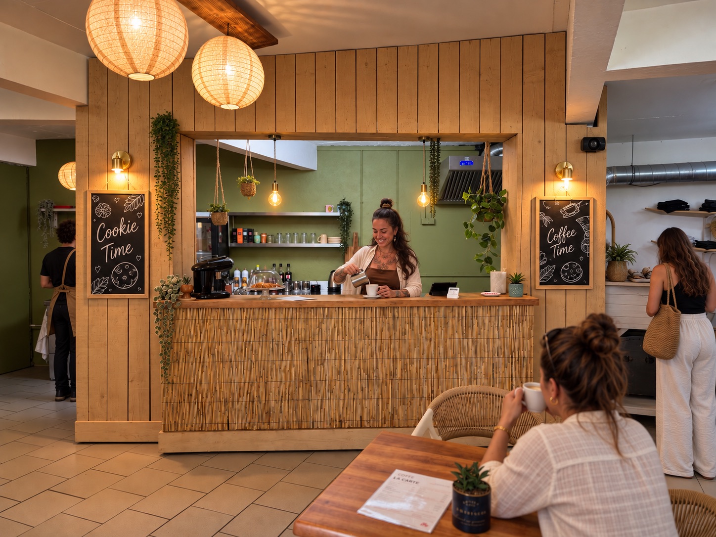 Le comptoir de MANUIA Coffee : bar en bambou et ardoises Cookie Time et Coffee Time