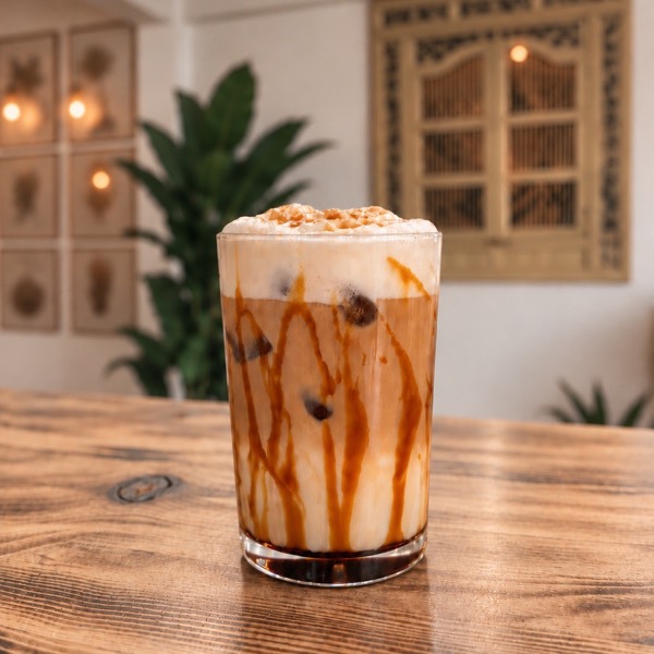 Un macchiato caramel glacé, coulis de caramel le long du verre
