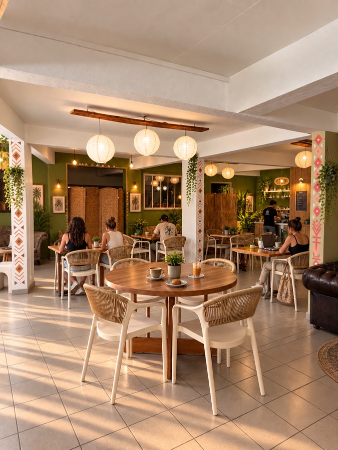 La salle du club, murs vert olive et grandes lanternes