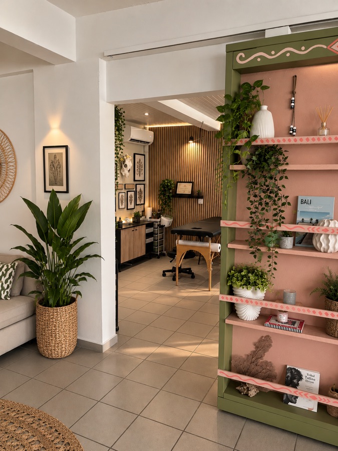 La cabine de tatouage privée, vue depuis le salon d'attente