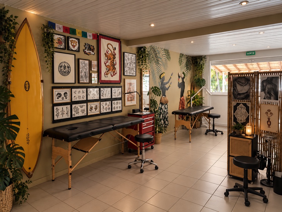 La salle de tatouage : tables, mur de flashs encadrés et fresque tropicale